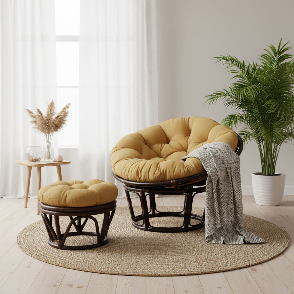 Bali Indoor 2 Pc Rattan Papasan Chair and Footstool Set with Cushion 3312-3301 – Choice of Cushions Made in the USA