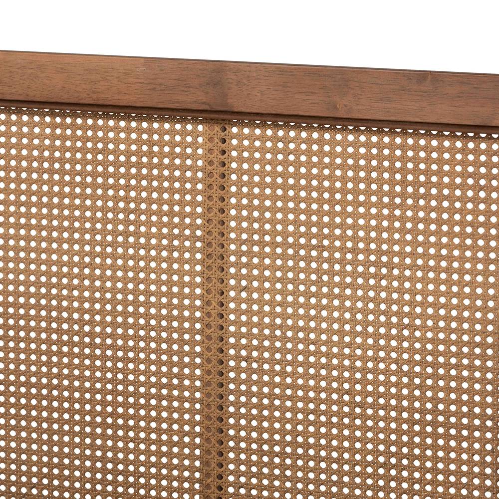 Redmond Mid-Century Modern Walnut Brown Finished Wood and Synthetic Rattan Queen Size Platform Bed