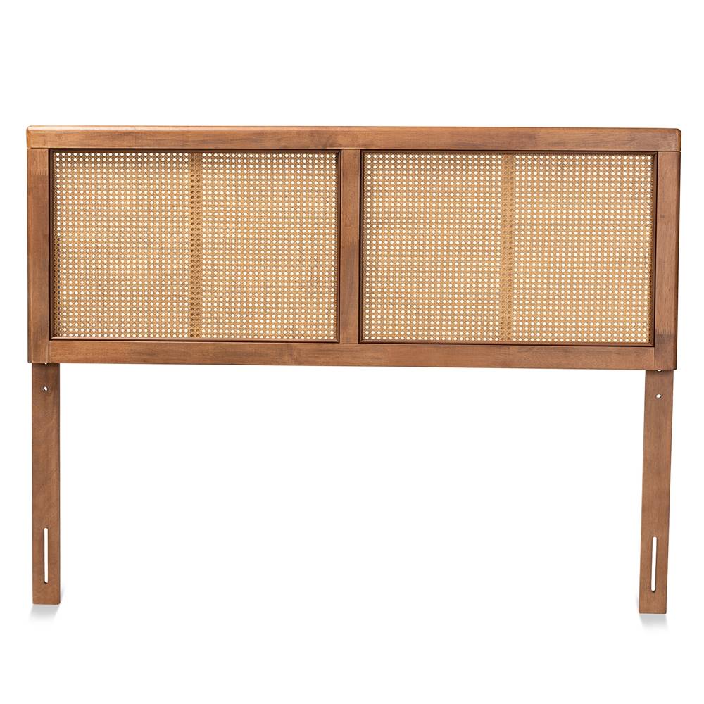 Gilbert Mid-Century Modern Ash Walnut Finished Wood and Synthetic Rattan Queen Size Headboard