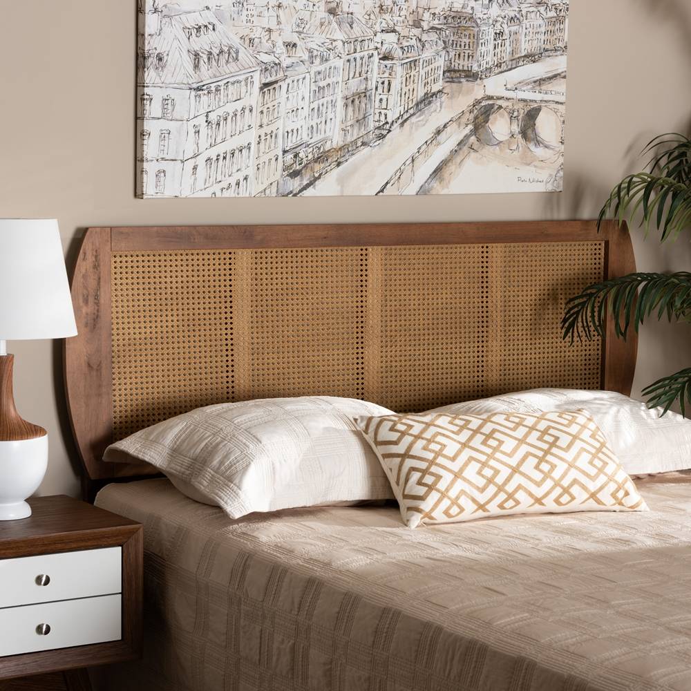 Baxton Studio Harris Mid-Century Modern Ash Walnut Finished Wood and Synthetic Rattan Queen Size Headboard