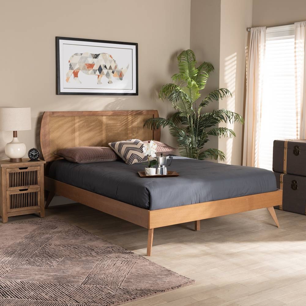 Asami Mid-Century Modern Walnut Brown Finished Wood and Synthetic Rattan Queen Size Platform Bed