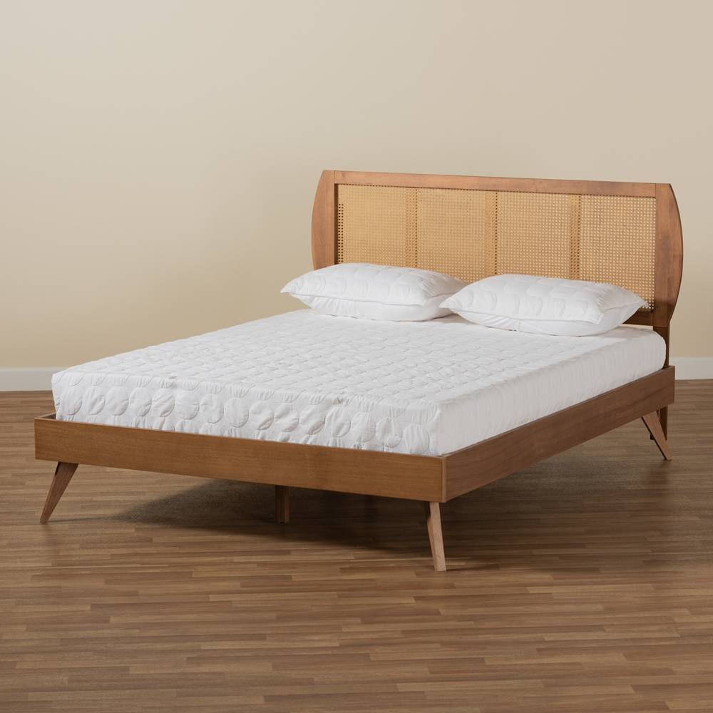 Asami Mid-Century Modern Walnut Brown Finished Wood and Synthetic Rattan Queen Size Platform Bed