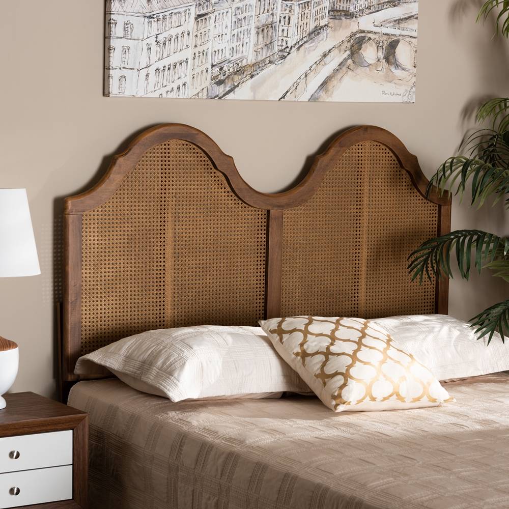 Hazel Vintage Classic and Traditional Ash Walnut Finished Wood and Synthetic Rattan Queen Size Arched Headboard