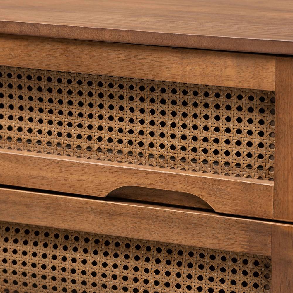 Barrett Mid-Century Modern Walnut Brown Finished Wood and Synthetic Rattan 4-Drawer Chest