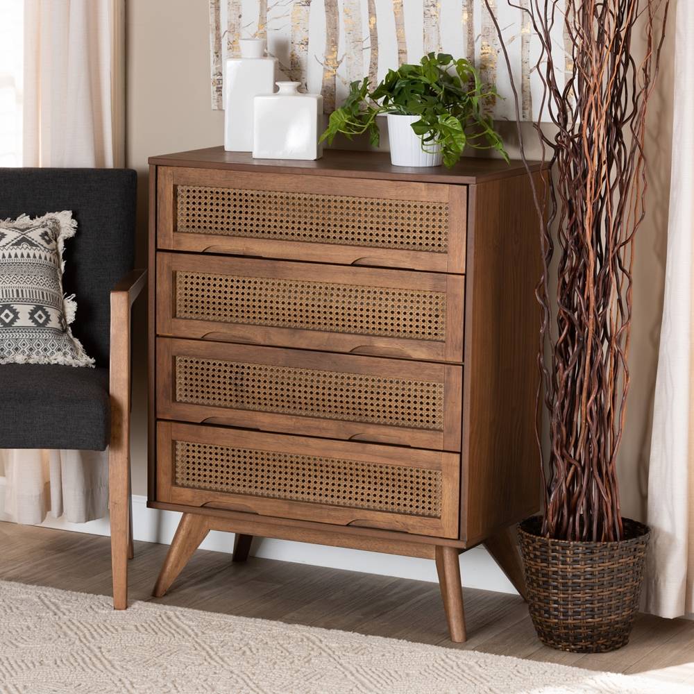 Barrett Mid-Century Modern Walnut Brown Finished Wood and Synthetic Rattan 4-Drawer Chest