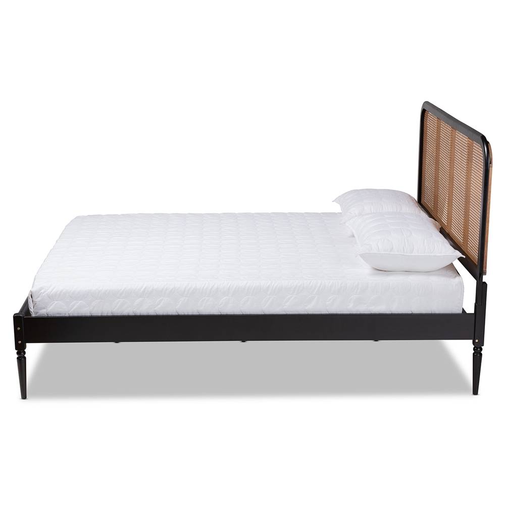 Elston Mid-Century Modern Charcoal Finished Wood and Synthetic Rattan Queen Size Platform Bed