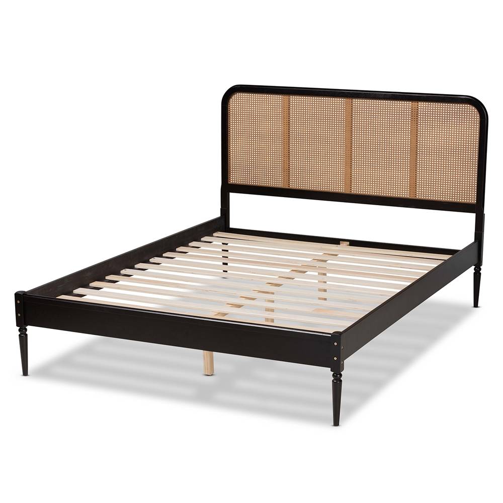 Elston Mid-Century Modern Charcoal Finished Wood and Synthetic Rattan Queen Size Platform Bed