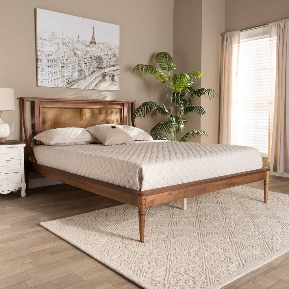 Jamila Modern Transitional Walnut Brown Finished Wood and Synthetic Rattan Full Size Platform Bed