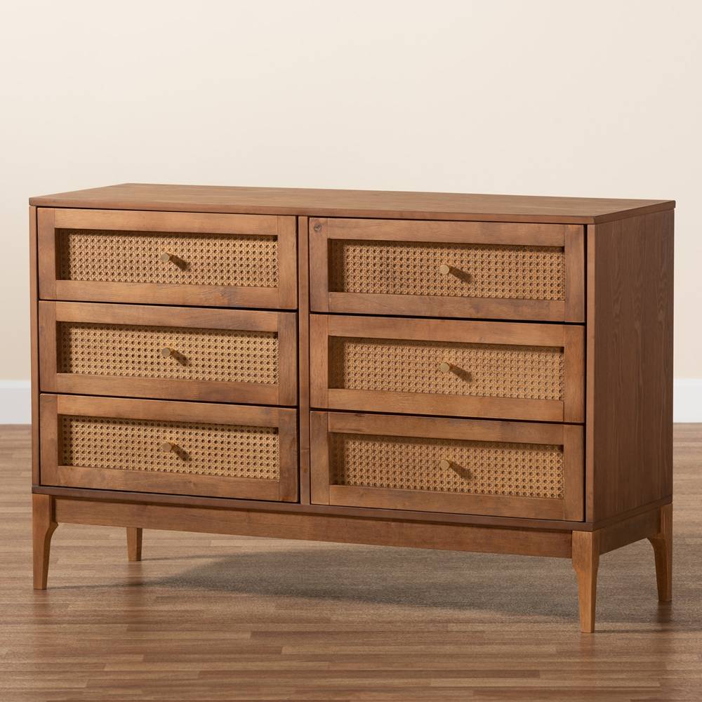 Ramiel Mid-Century Modern Ash Walnut Finished Wood and Rattan 6-Drawer Dresser
