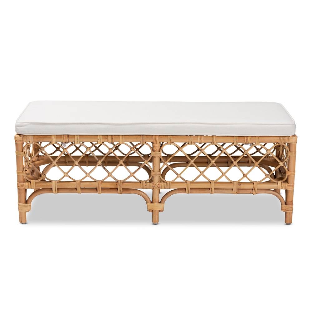 Orchard Modern Wicker Fair White Fabric Upholstered and Natural Brown Rattan Bench