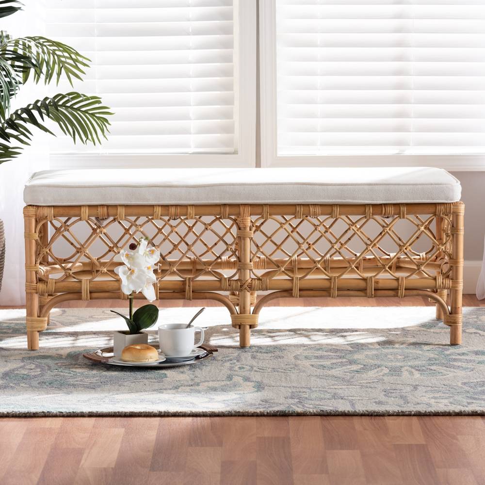 Orchard Modern Wicker Fair White Fabric Upholstered and Natural Brown Rattan Bench