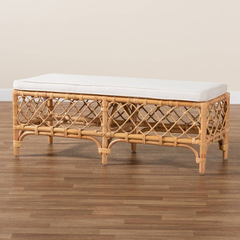 Orchard Modern Wicker Fair White Fabric Upholstered and Natural Brown Rattan Bench