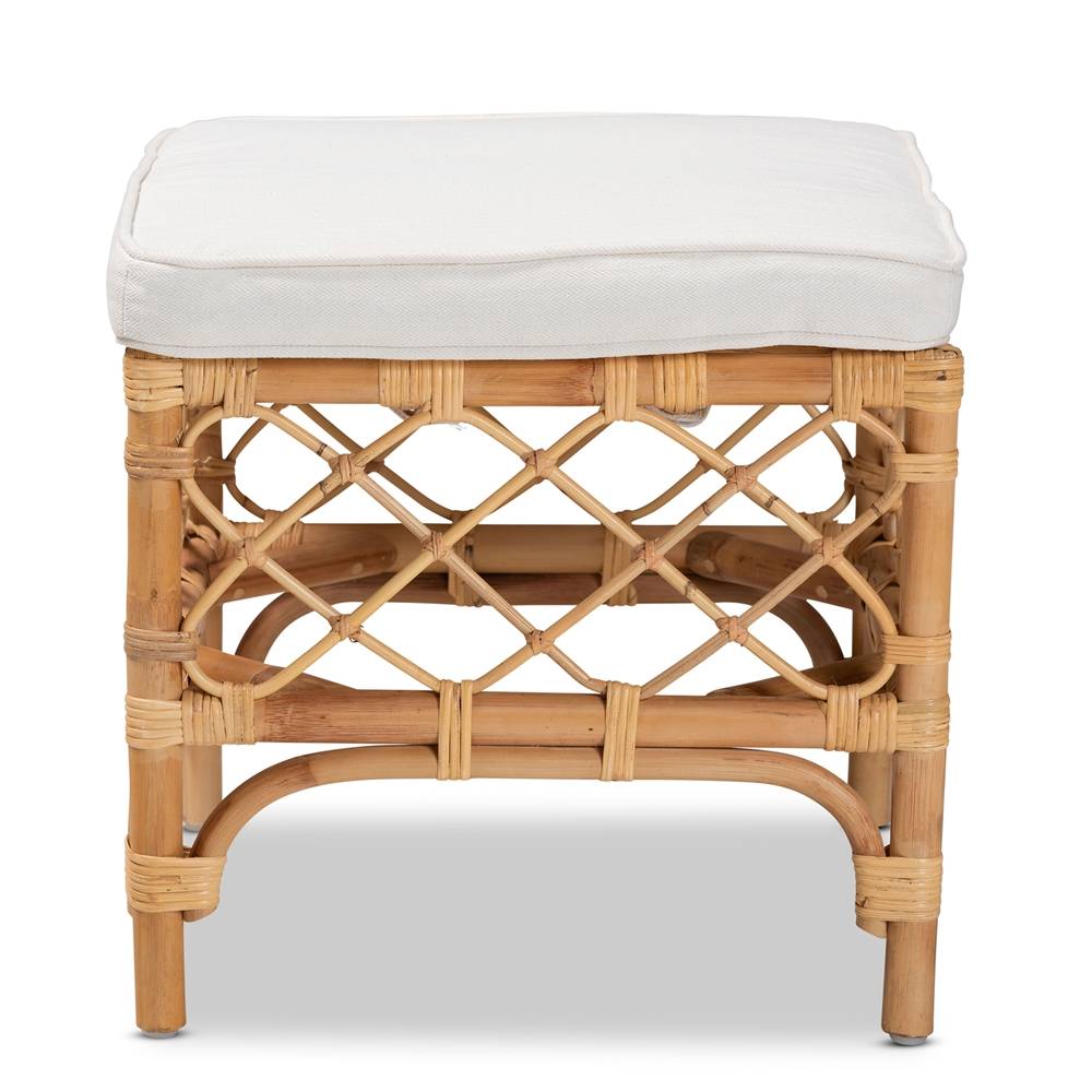 Orchard Modern Wicker Fair White Fabric Upholstered and Natural Brown Rattan Ottoman