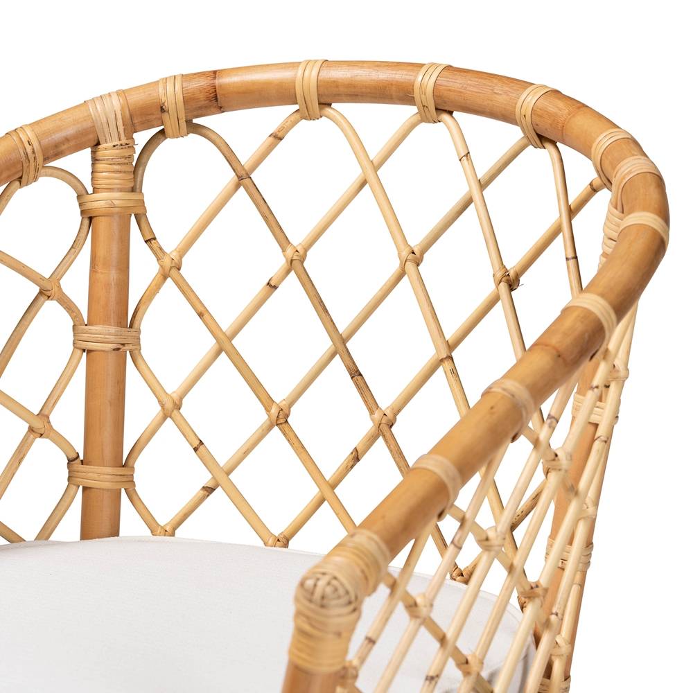 Orchard Modern Wicker Fair White Fabric Upholstered and Natural Brown Rattan Dining Chair