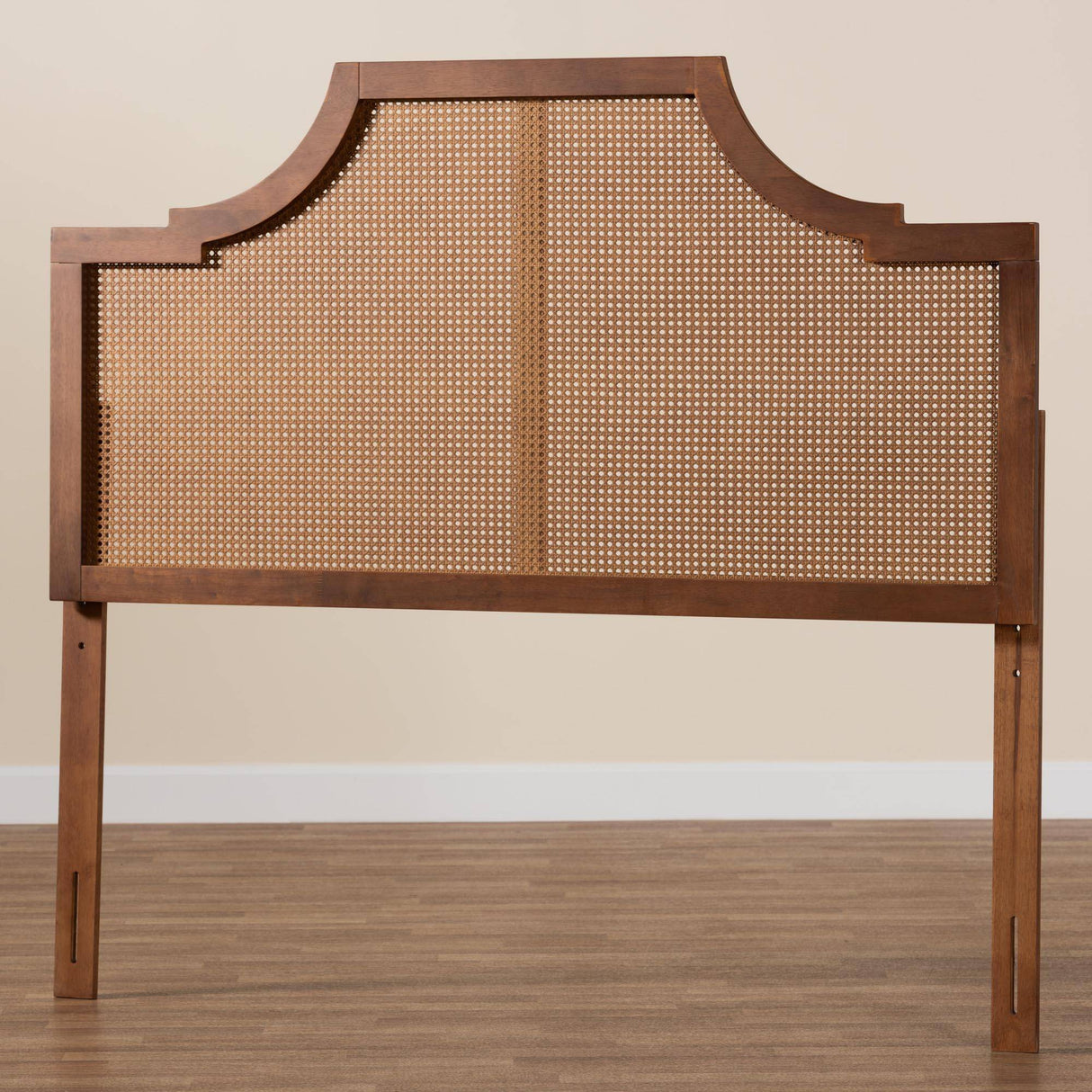 Risha Mid-Century Modern Ash Walnut Finished Wood and Rattan Queen Size Headboard