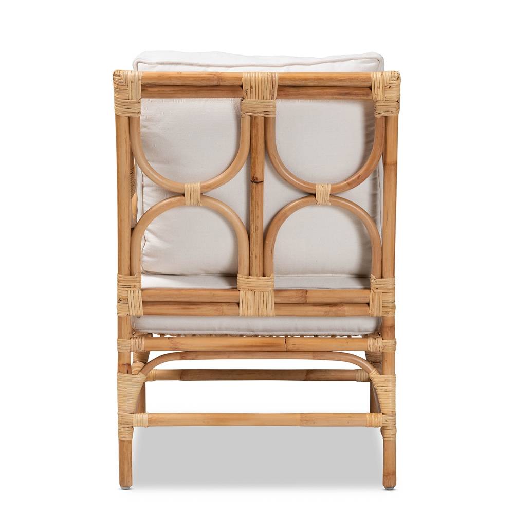 Brandon Modern Wicker Fair White Fabric Upholstered and Natural Brown Rattan Armchair