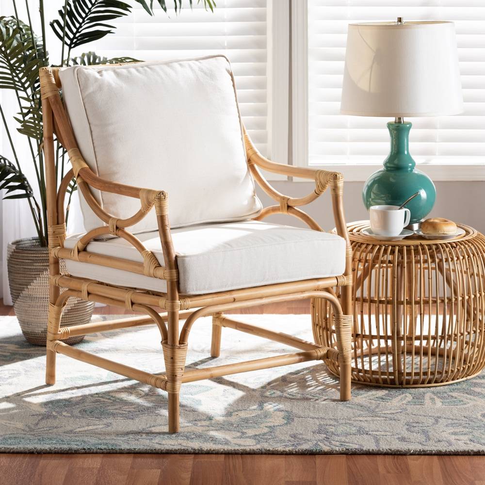 Brandon Modern Wicker Fair White Fabric Upholstered and Natural Brown Rattan Armchair