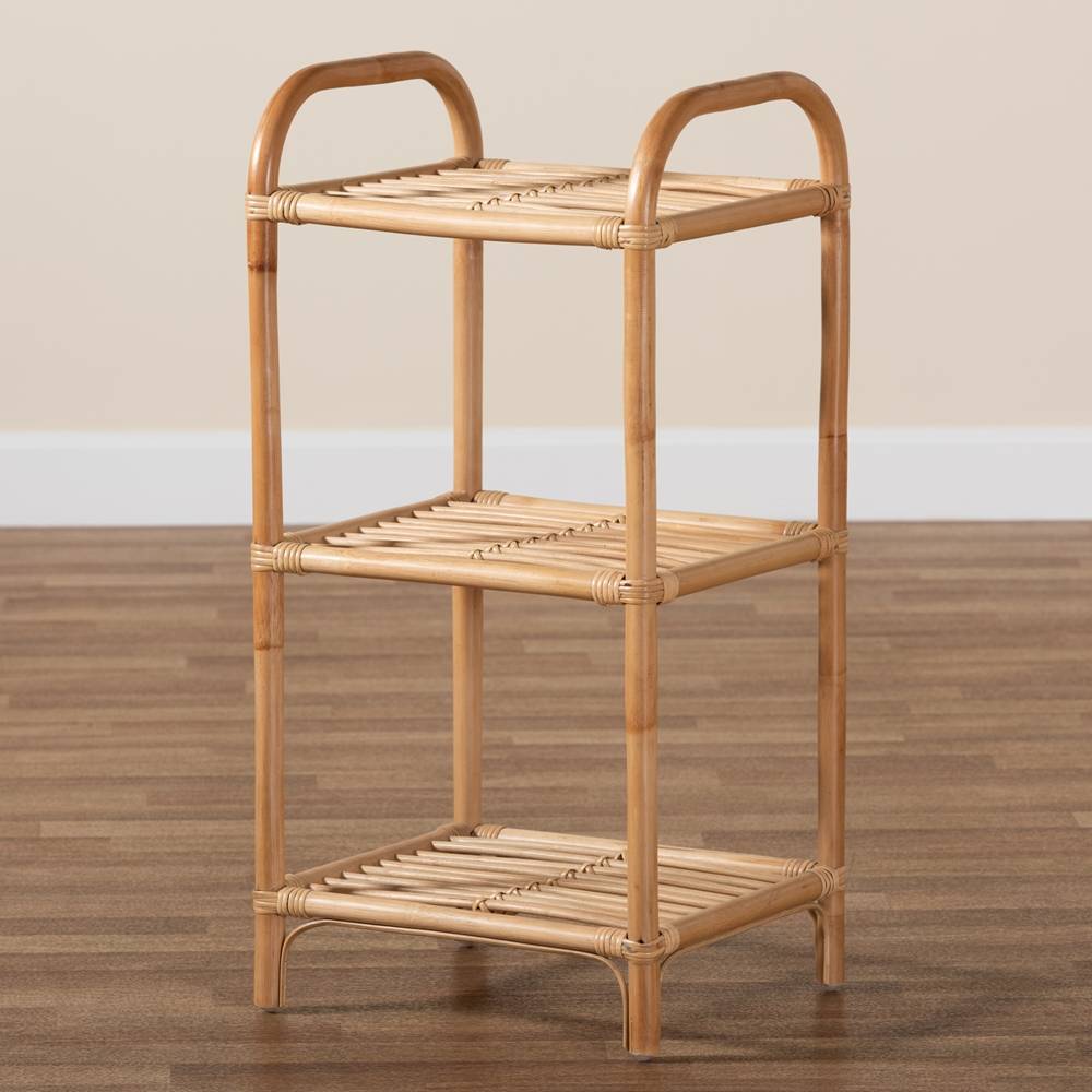 Barras Modern Wicker Fair Natural Brown Finished Rattan 3-Tier Display Shelf