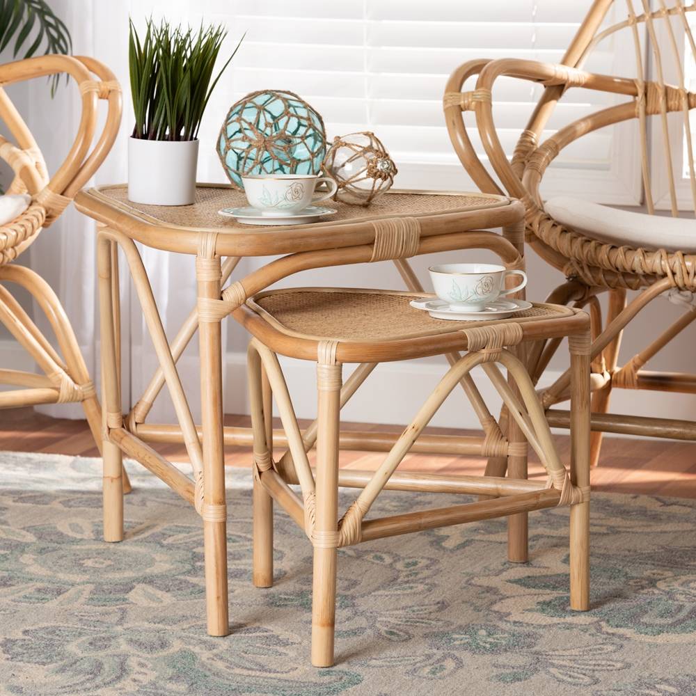 Jayden Modern Wicker Fair Natural Brown Finished Rattan 2-Piece End Table Set