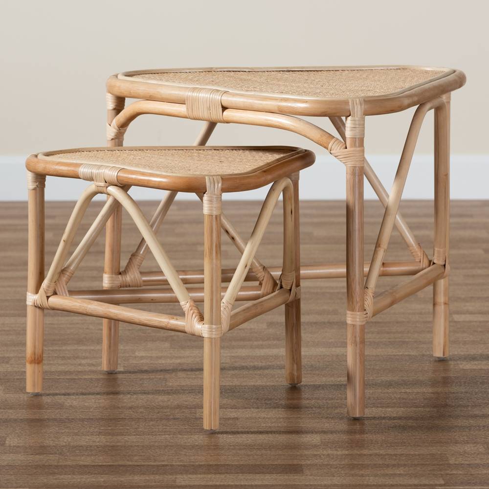 Jayden Modern Wicker Fair Natural Brown Finished Rattan 2-Piece End Table Set