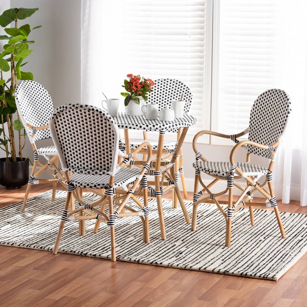 Naila Classic French Black and White Plastic and Natural Brown Rattan 5-Piece Indoor and Outdoor Bistro Set