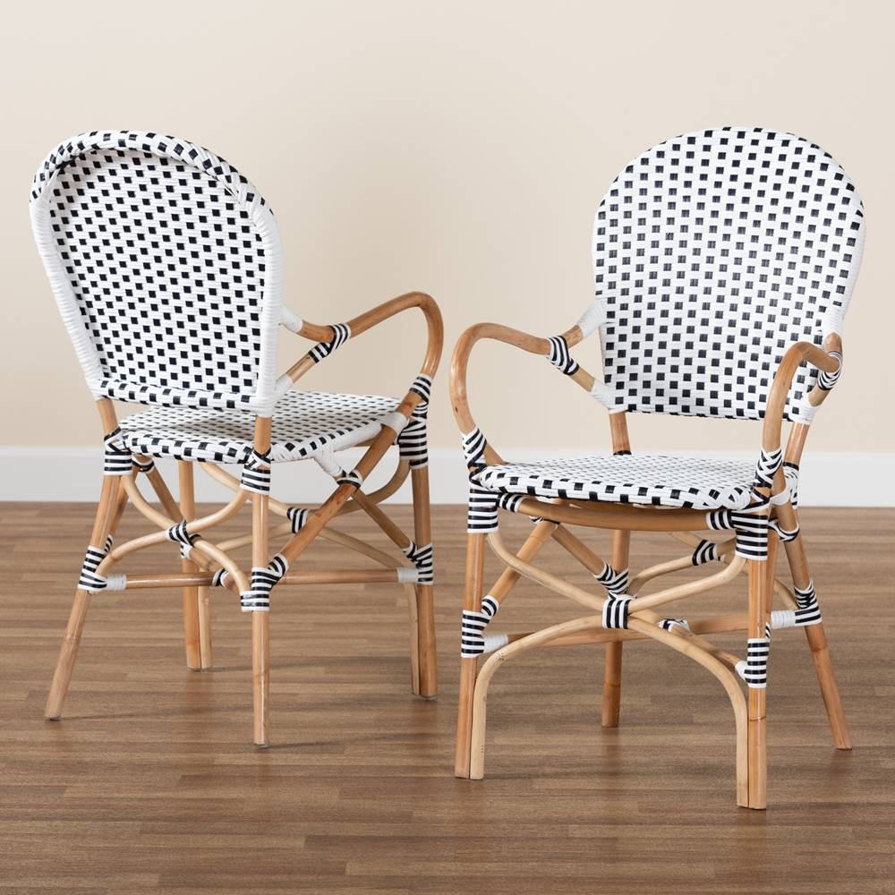 Naila Classic French Black and White Weaving and Natural Brown Rattan 2-Piece Indoor and Outdoor Bistro Chair Set