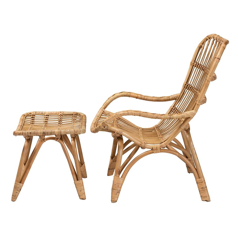 Earvin Modern Wicker Fair Natural Brown Rattan 2-Piece Armchair and Footstool Set