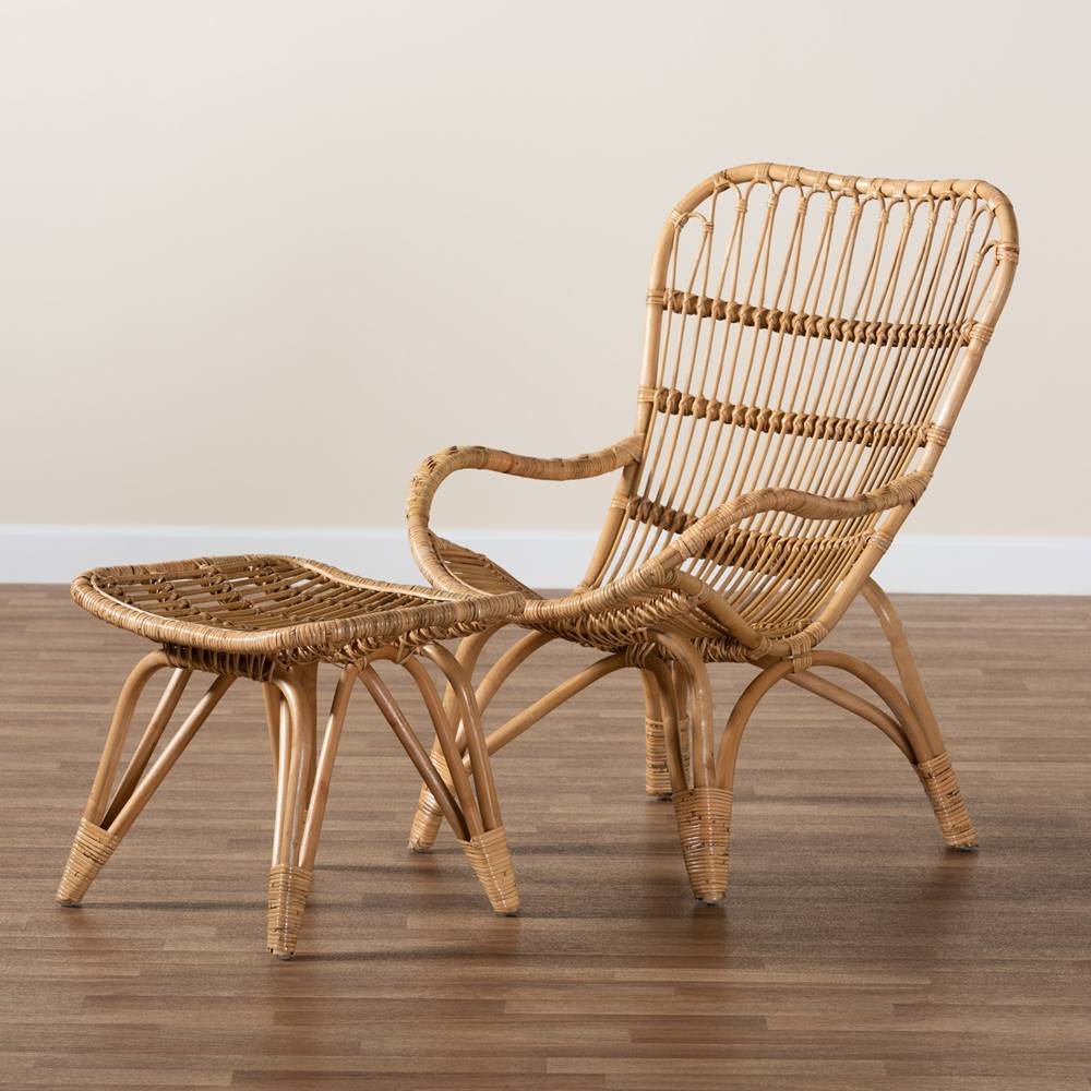 Earvin Modern Wicker Fair Natural Brown Rattan 2-Piece Armchair and Footstool Set