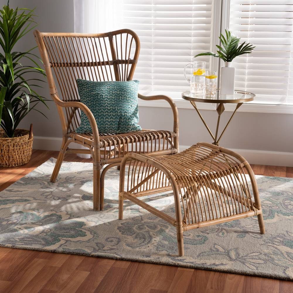 Lamaria Modern Bohmenian Natural Brown Antique Rattan 2-Piece Chair and Footstool Set