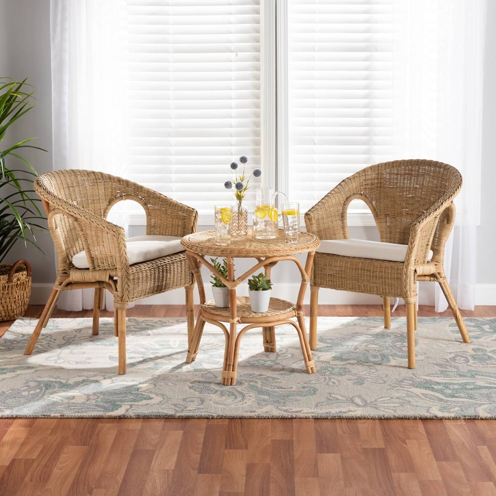 Abbey Modern Wicker Fair Natural Brown Antique Rattan 3-Piece Living Room Set