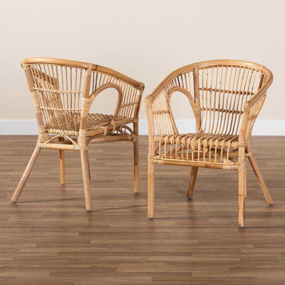 Alleta Modern Wicker Fair Natural Brown Rattan 2-Piece Dining Chair Set
