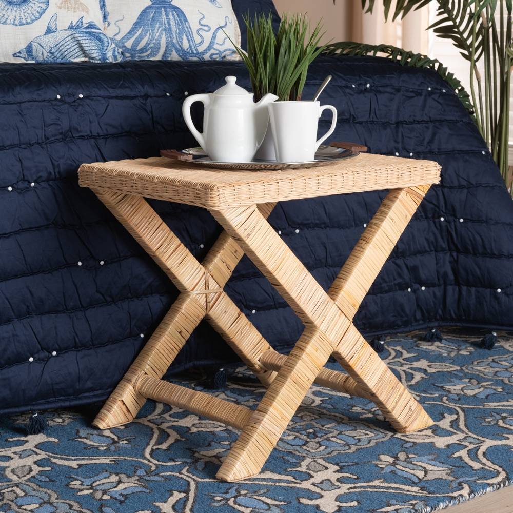 Farica Modern Wicker Fair Natural Rattan And Mahogany Accent Bench