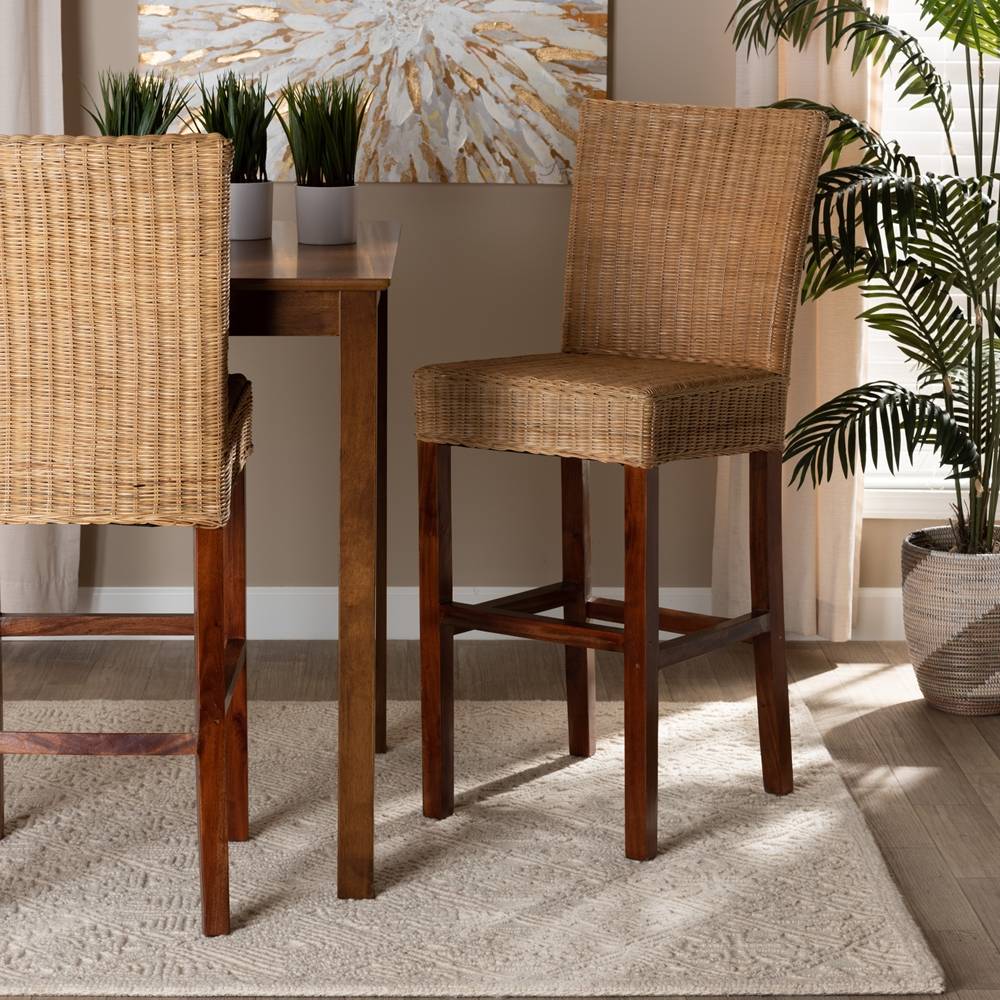 Racquel Modern Wicker Fair Natural Rattan and Mahogany Wood Bar Stool