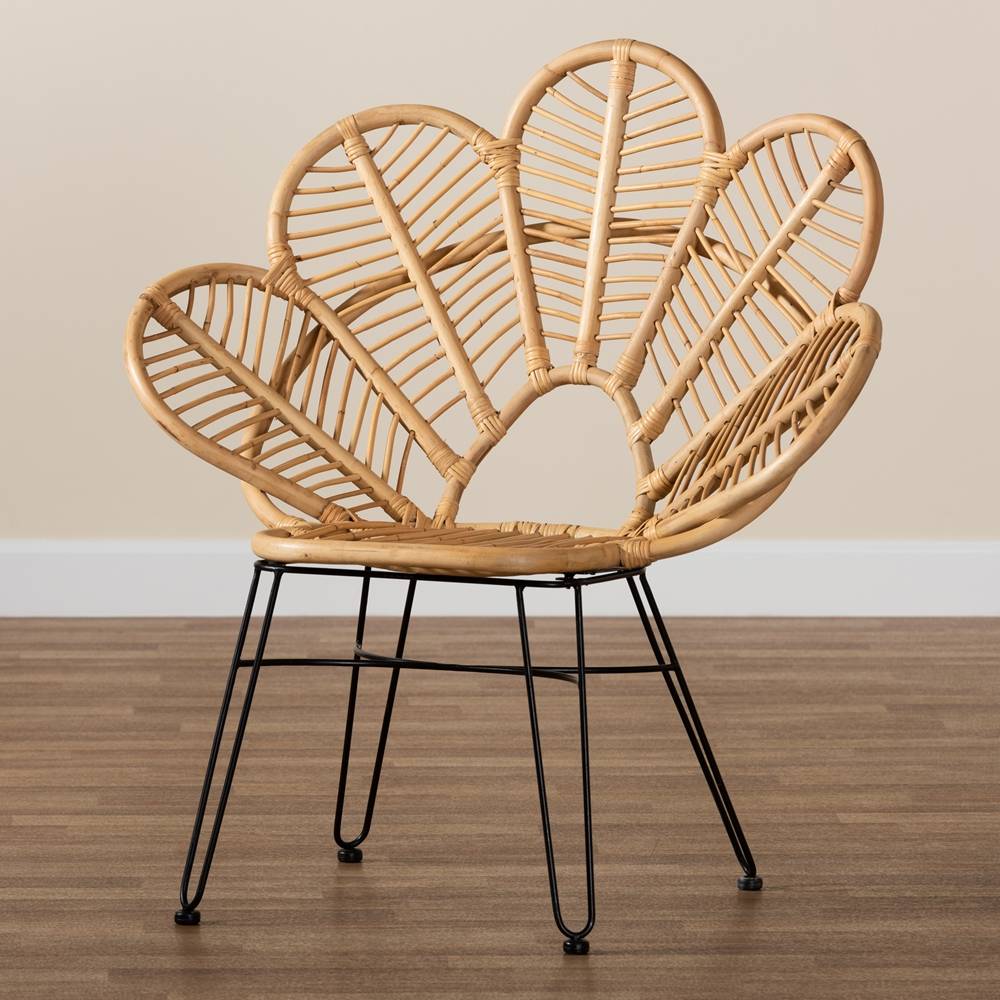 Garan Modern Wicker Fair Natural Brown Rattan and Black Metal Accent Chair