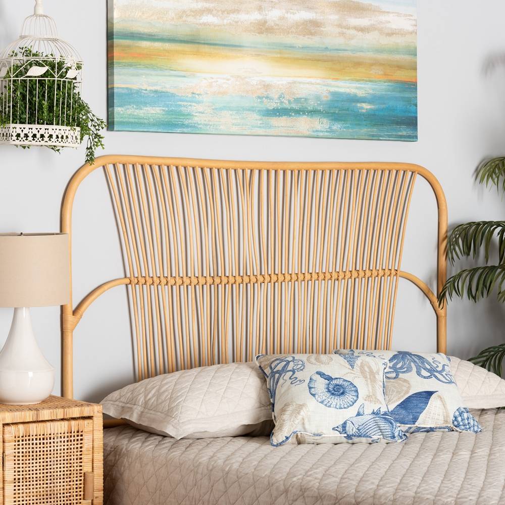 Laina Modern Wicker Fair Natural Brown Rattan Queen Size Wall-mount Headboard