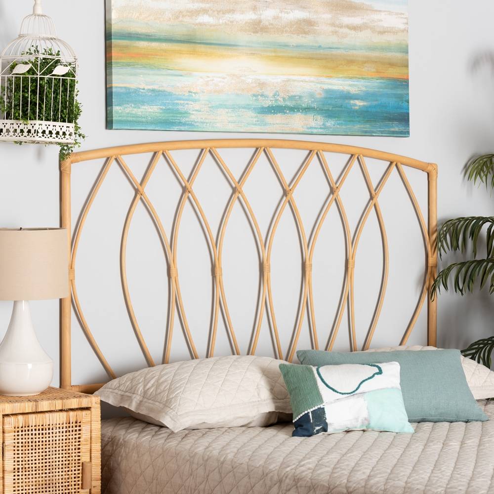 Halia Modern Wicker Fair Natural Brown Rattan Queen Size Wall-mount Headboard