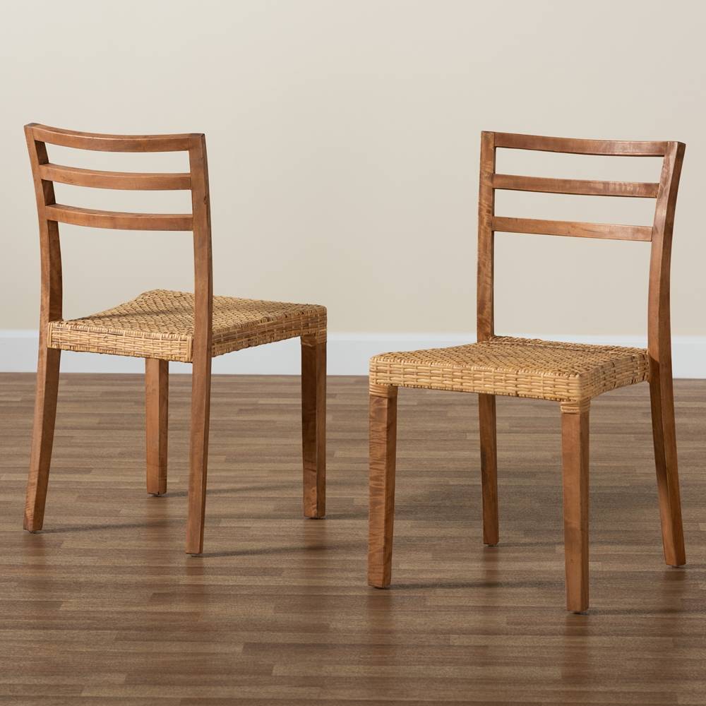 Arthur Mid-Century Modern Walnut Brown Mahogany Wood and Natural Rattan 2-Piece Dining Chair Set