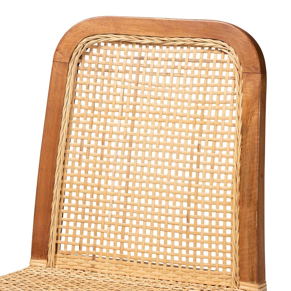 Caspia Mid-Century Modern Walnut Brown Mahogany Wood and Natural Rattan 2-Piece Dining Chair Set