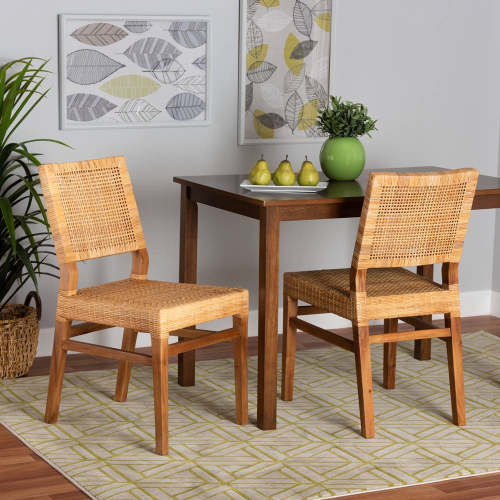 Lesia Modern Wicker Fair Natural Brown Rattan and Walnut Brown Mahogany Wood 2-Piece Dining Chair Set