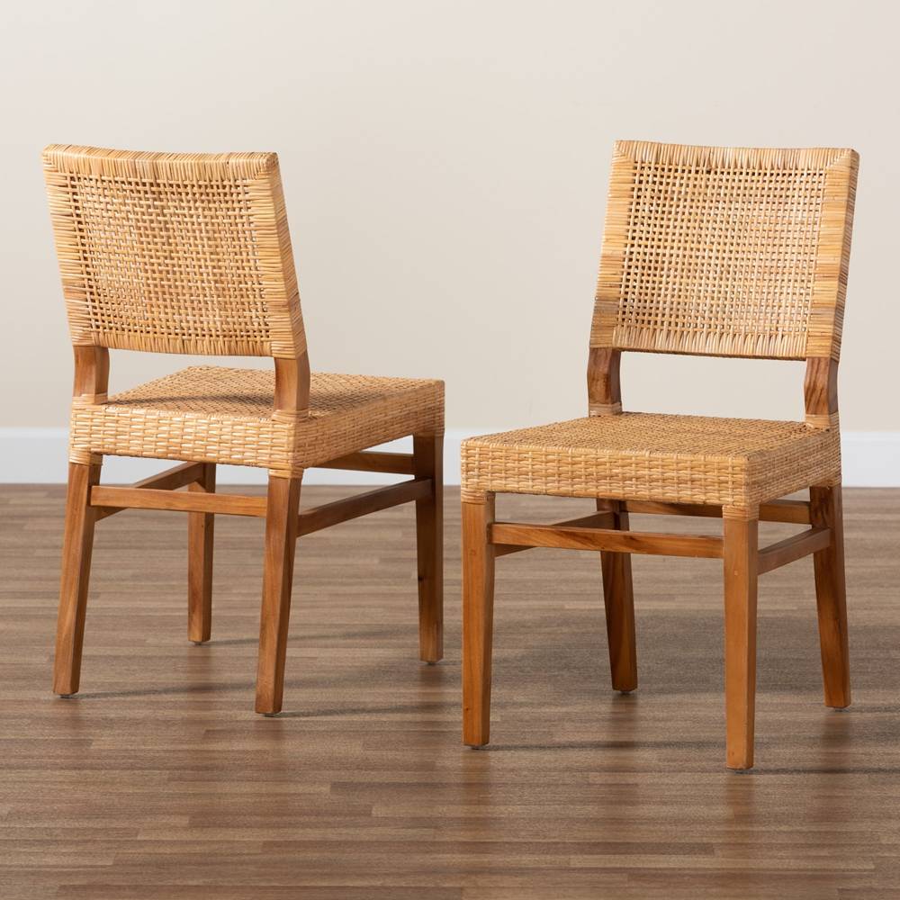 Lesia Modern Wicker Fair Natural Brown Rattan and Walnut Brown Mahogany Wood 2-Piece Dining Chair Set