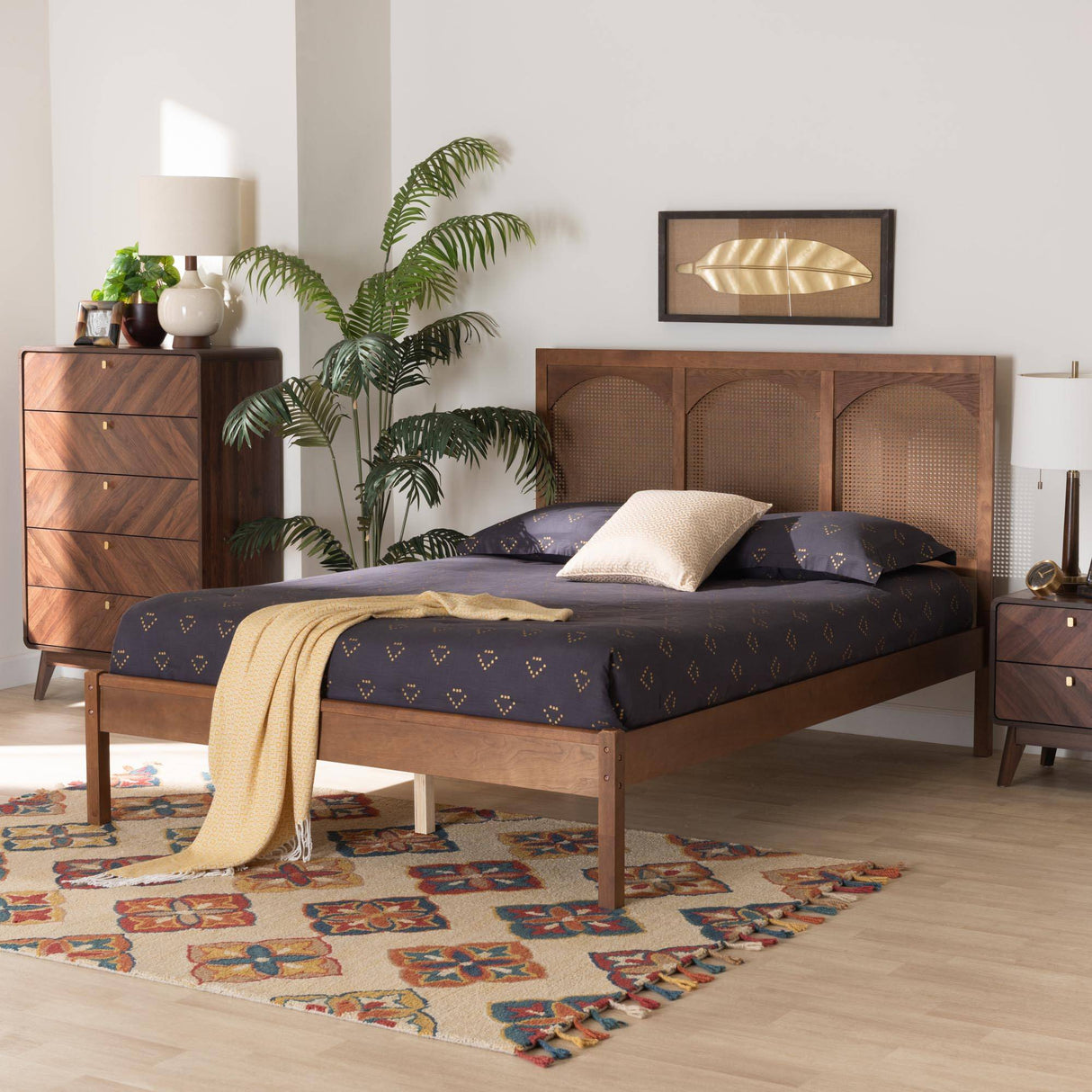 Blossom Classic and Traditional Ash Walnut Finished Wood and Rattan King Size Platform Bed