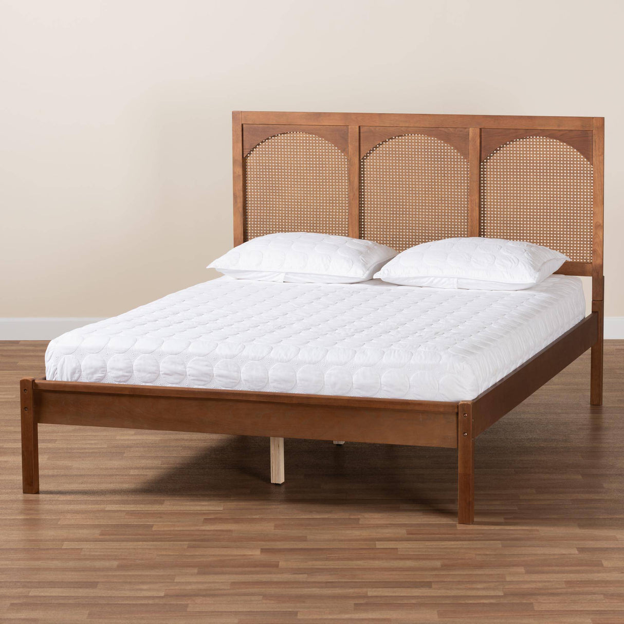 Blossom Classic and Traditional Ash Walnut Finished Wood and Rattan King Size Platform Bed