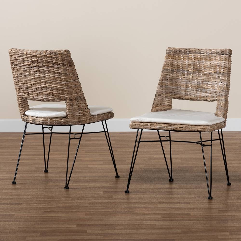 Nafaro Modern Wicker Fair Greywashed Natural Rattan Metal Dining Chair with Cushion 2-Piece Set