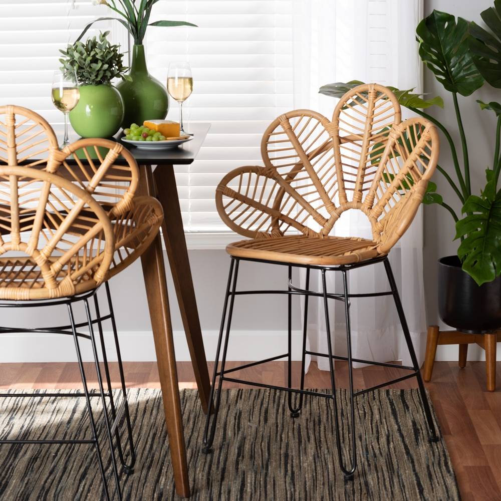 Garan Modern Wicker Fair Natural Brown Rattan and Black Metal Counter Stool