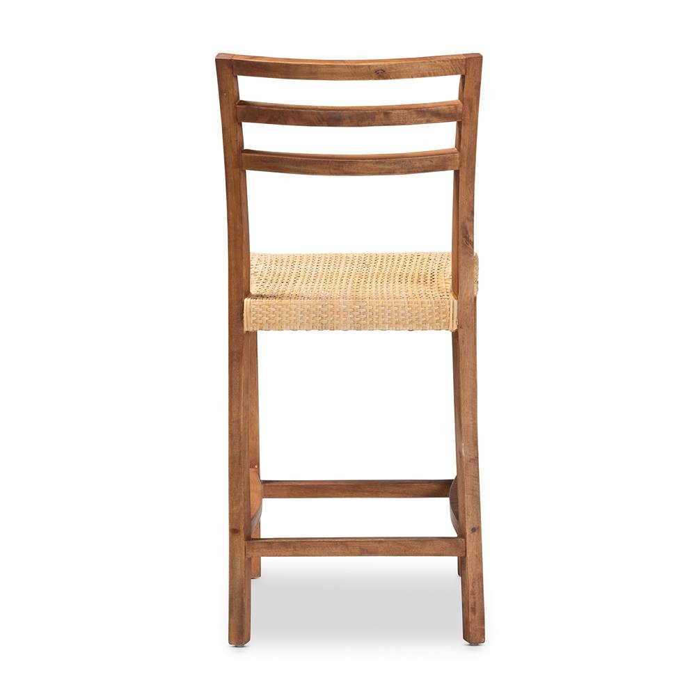 Arthur Mid-Century Modern Walnut Brown Mahogany Wood and Natural Rattan Counter Stool