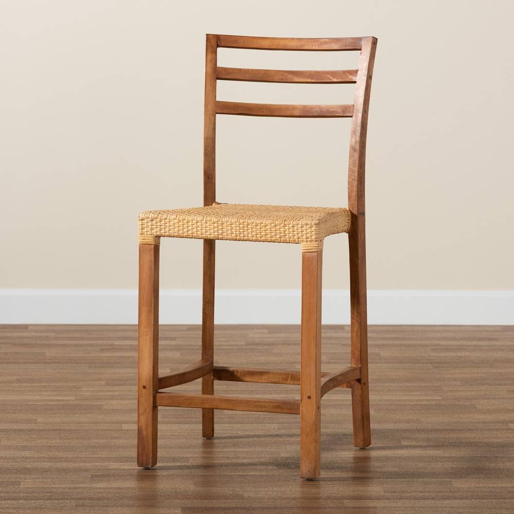 Arthur Mid-Century Modern Walnut Brown Mahogany Wood and Natural Rattan Counter Stool