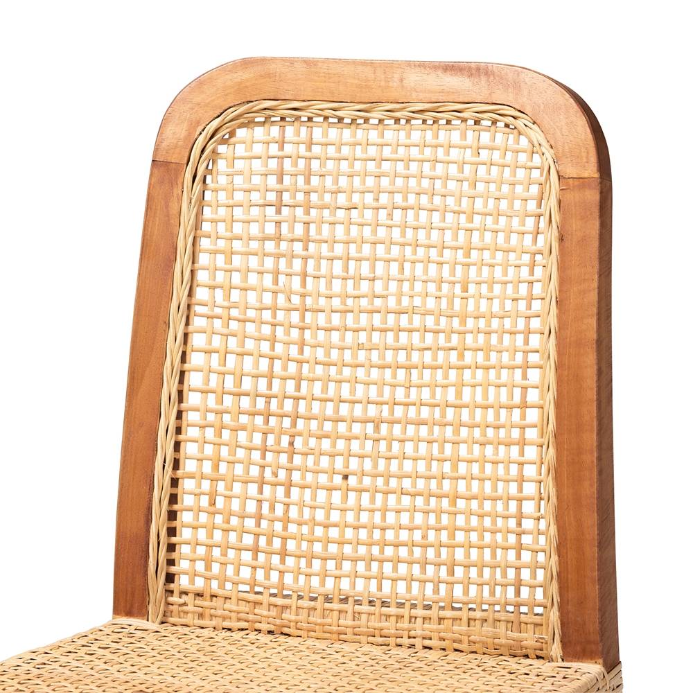 Caspia Mid-Century Modern Walnut Brown Mahogany Wood and Natural Rattan Counter Stool