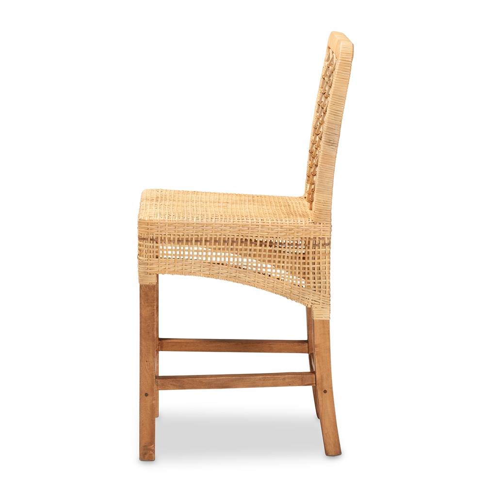 Moscow Modern Wicker Fair Natural Brown Rattan and Walnut Brown Mahogany Wood Counter Stool