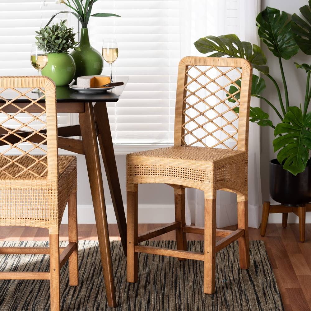 Moscow Modern Wicker Fair Natural Brown Rattan and Walnut Brown Mahogany Wood Counter Stool