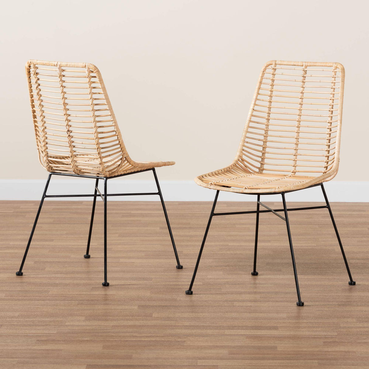 Manhattan Modern Wicker Fair Natural Brown Rattan and Black Metal 2-Piece Dining Chair Set